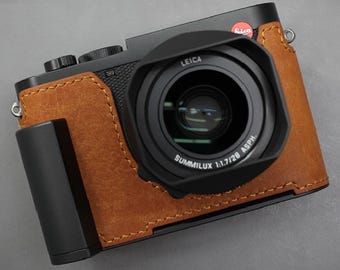 LIM'S Genuine Italy Leather Camera Half Case Metal Grip Dovetail Plate Handmade for Leica Q3 Q3 43 [Cognac Brown]