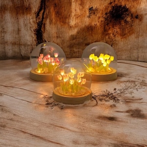 Handmade LED Tulip Flower Dome Lamp – Romantic Glass Night Light, Floral Home Decor, Gift for Her, LED Flower Lamp