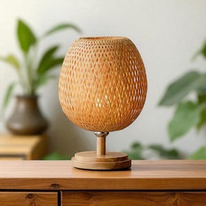 Handmade - Bamboo Rattan Table Lamp – Handmade Boho Zen Light with Wooden Base, Bedside or Desk Lamp for Bedroom, Living Room, or Nightstand