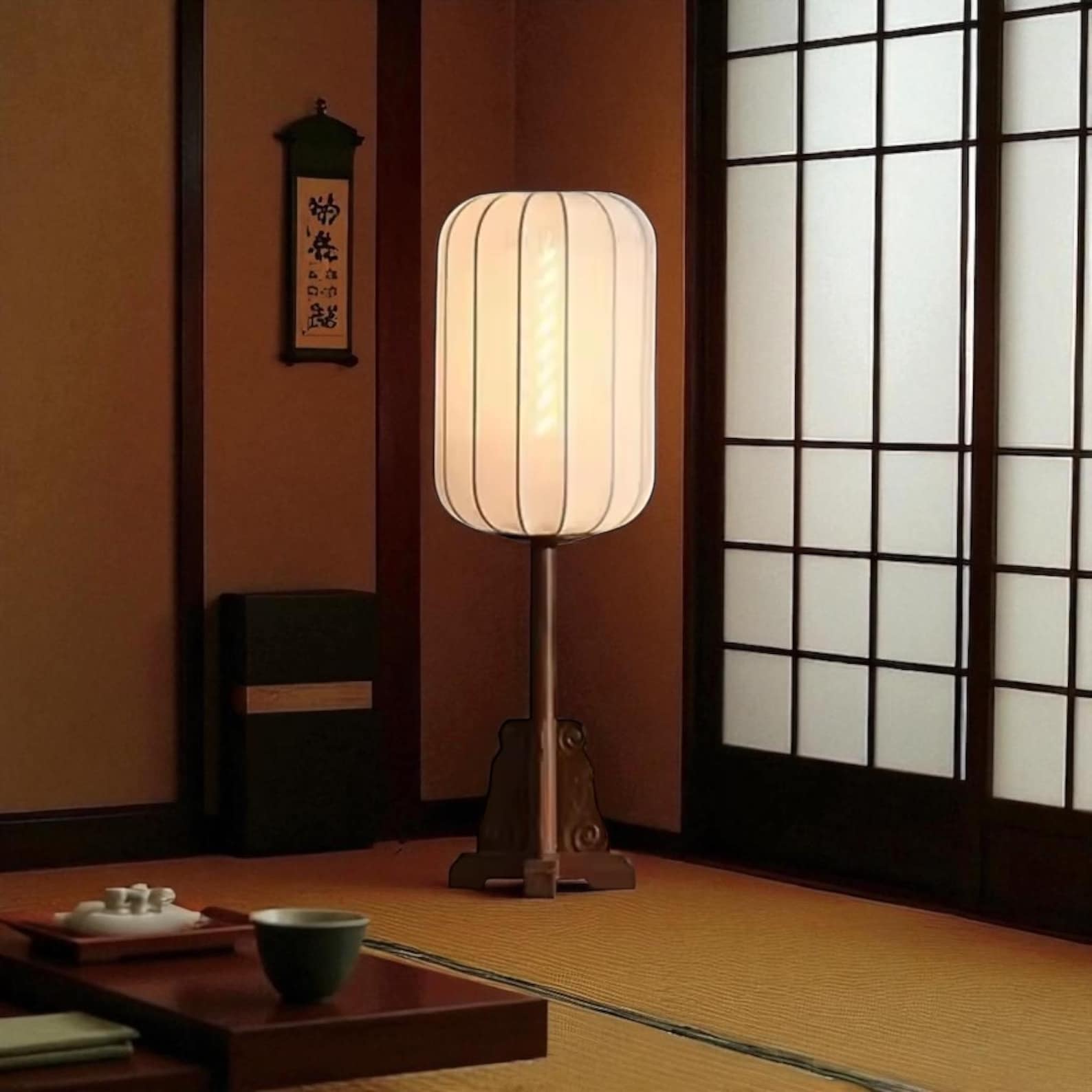 Wabi sabi japandi floor lamp solid wood base hand stretched linen shade 175cm warm ambient light