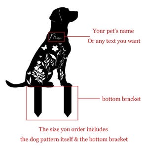 May include: Black metal dog silhouette with floral and butterfly details, and the name "Max". The design includes a bottom bracket for placement. The text says "Your pet's name or any text you want".