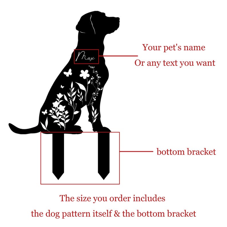 May include: Black metal dog silhouette with floral and butterfly details, and the name "Max". The design includes a bottom bracket for placement. The text says "Your pet's name or any text you want".