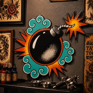 Traditional Old School Bomb Cloud Metal Wall Decor, Classic American Tattoo Exploding Bomb Swirl Cloud Metal Indoor Wall Sign