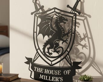 Gothic Dragon Emblem Metal Decor, Personalized House Name Shield Crest Rustic Castle Style Entry Decor,Man Cave Decor,Birthday Gift