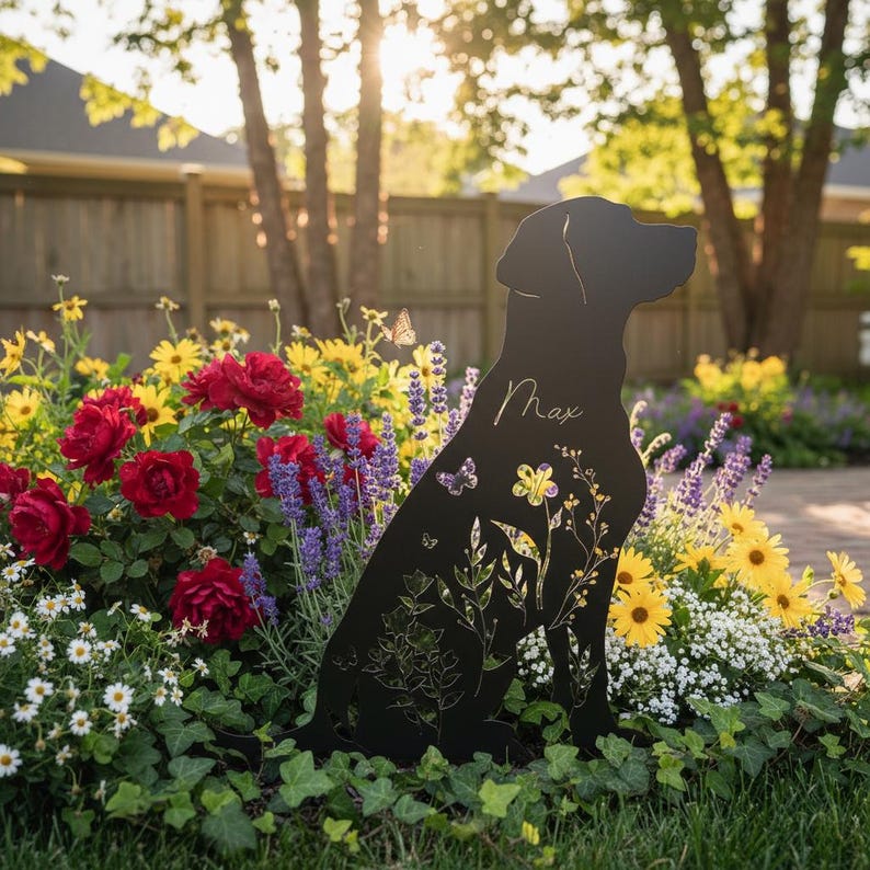 May include: Black metal silhouette of a Labrador Retriever dog, sitting in a garden. The dog's outline is filled with floral and butterfly cutouts. The name "Max" is written on the dog's side. The garden features red roses, yellow daisies, and purple lavender.