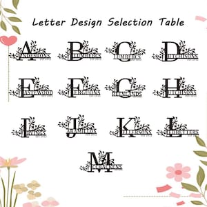 May include: A Letter Design Selection Table featuring black alphabet letters A through M, each adorned with decorative leaf motifs and personalized with names and establishment years like EST 2011 or EST 2012, displayed on a white background.