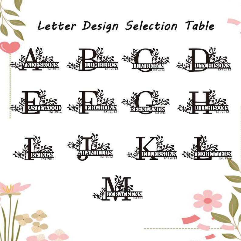 May include: A Letter Design Selection Table featuring black alphabet letters A through M, each adorned with decorative leaf motifs and personalized with names and establishment years like EST 2011 or EST 2012, displayed on a white background.