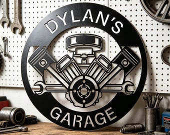 Custom Name Engine Wrench Garage Metal Sign, Personalized Mechanic Round Wall Art, Vintage Hot Rod Auto Repair Metal Wall Decor