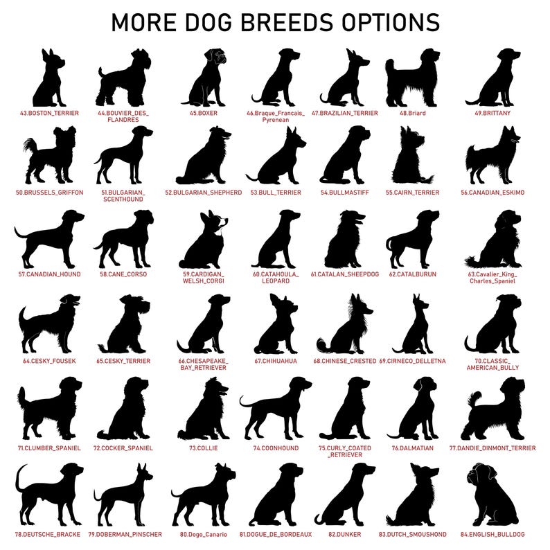 May include: A black and white graphic featuring silhouettes of various dog breeds, including a Boston Terrier, Boxer, and Dalmatian. The text "MORE DOG BREEDS OPTIONS" is at the top, with breed names below each silhouette.