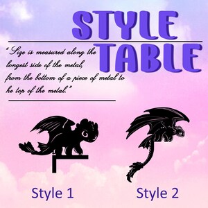 May include: Black metal dragon silhouettes labeled "Style 1" and "Style 2" against a pink and purple gradient background. The text "STYLE TABLE" is at the top. Text below the title explains how to measure the metal.