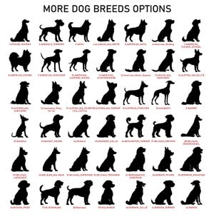 May include: A black and white graphic featuring silhouettes of various dog breeds, including Akita, Bulldog, and Border Collie. The text "MORE DOG BREEDS OPTIONS" is at the top, with breed names listed below each dog image. A comprehensive guide for dog lovers.