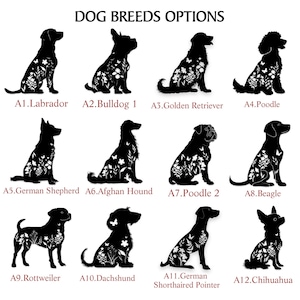 May include: Black silhouettes of various dog breeds, including Labrador, Bulldog, Golden Retriever, and Poodle, adorned with floral and butterfly designs. The image is labeled "DOG BREEDS OPTIONS" with each dog identified by a number and breed name.