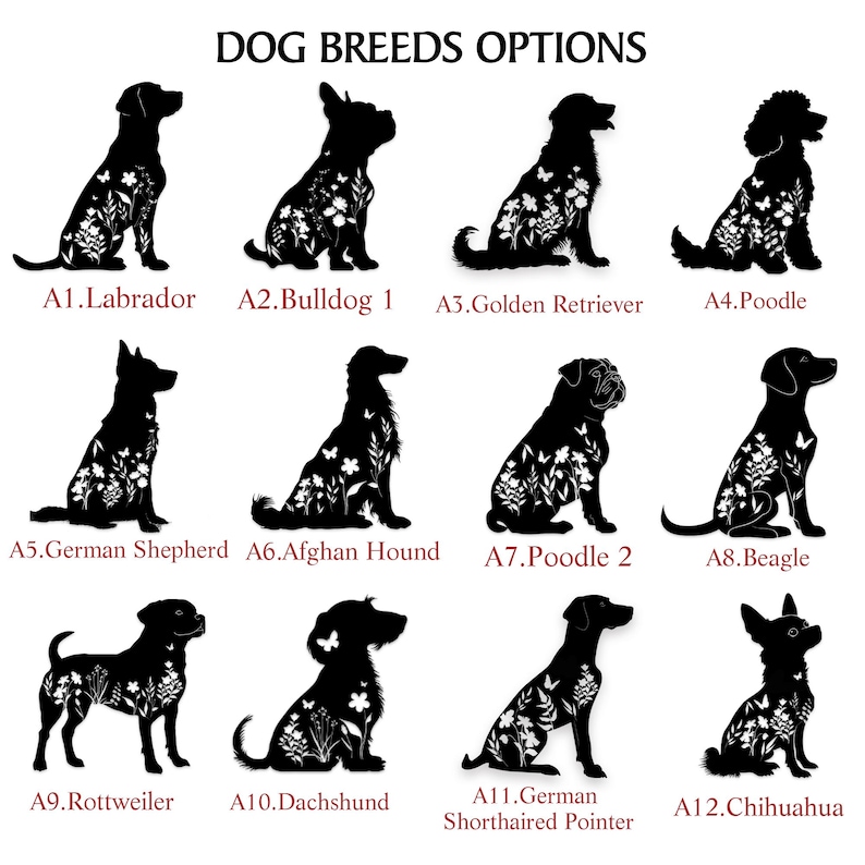 May include: Black silhouettes of various dog breeds, including Labrador, Bulldog, Golden Retriever, and Poodle, adorned with floral and butterfly designs. The image is labeled "DOG BREEDS OPTIONS" with each dog identified by a number and breed name.