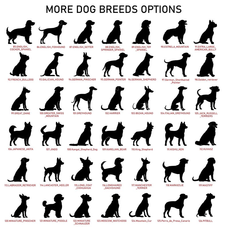 May include: A graphic featuring silhouettes of various dog breeds, including Cocker Spaniel, Foxhound, and Setter, with breed names and numbers. The text "MORE DOG BREEDS OPTIONS" is at the top.