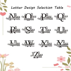 May include: A Letter Design Selection Table featuring black capital letters N through Z, each integrated with decorative floral flourishes and a horizontal bar displaying a surname and the text EST 2012 or EST 2018 in a serif font.
