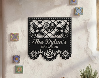 Custom Papel Picado Family Name Metal Wall Sign, Mexican Folk Art Bird & Flower Metal Home Decor,New Home Opening Festive Keepsake Present