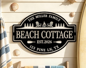 Custom Beach Cottage Metal Sign, Personalized Family Name, Address & Est Year Lake Coastal Cabin Metal Wall Sign,Housewarming Gift