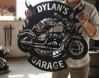 Custom Motorcycle Garage Metal Wall Sign, Chopper Bike With Flames Metal Man Cave Decor,Vintage Motorcycle Rustic Entry Gift