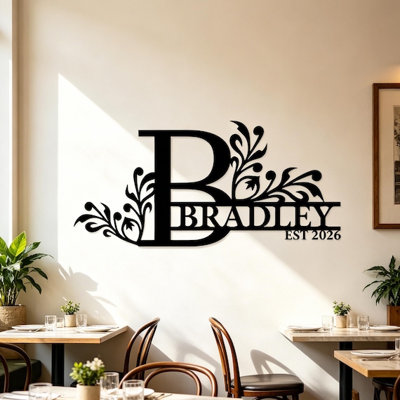 Custom Name Metal Wall Sign, Floral Scroll Vine Monogram Established Date Metal Decor, Personalized Family Name Entryway Metal Wall Art