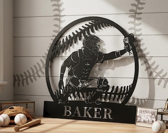 Custom Surname Baseball Catcher Metal Wall Decor, Athlete Birthday & Coach Gift Decor,Stitched Baseball Circle Metal Sports Wall Art