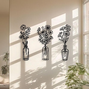 Flowers in Vase Metal Wall Art Set,Home Garden Metal Art,Living Room Wall Art,Flowers Lovers Unique Christmas Gift,Floral Metal Wall Art