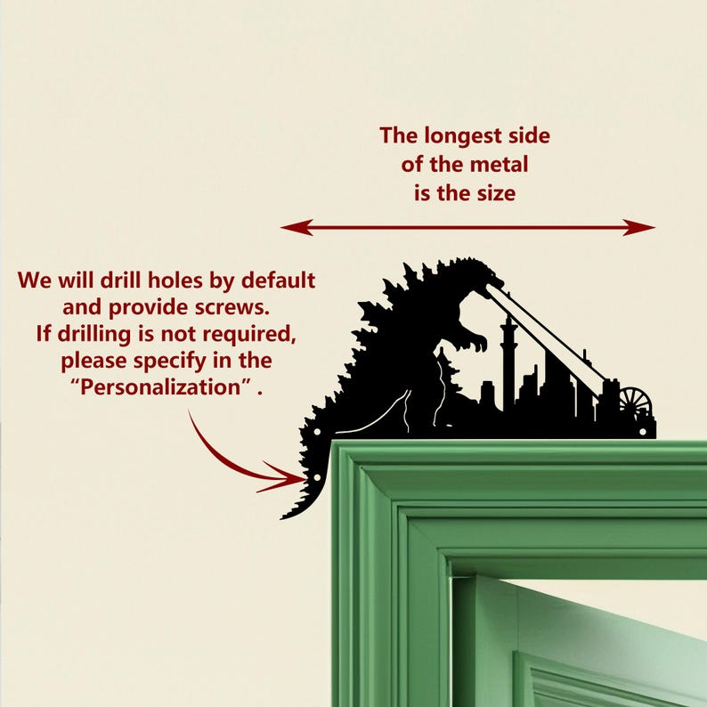 May include: A black metal wall art silhouette of Godzilla destroying a city. The text reads, "We will drill holes by default and provide screws. If drilling is not required, please specify in the 'Personalization'. The longest side of the metal is the size."