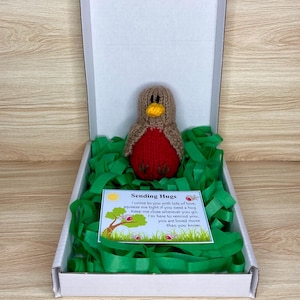 May include: A knitted robin bird with a red breast, brown back, and yellow beak, presented in a white box with green paper grass. The box contains a card with the text "Sending Hugs".