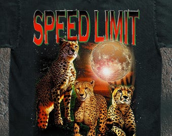 Vintage Cheetah Moon T-Shirt - Funny 'Speed Limit: None' Graphic Tee - Big Cat Meme Apparel - Retro Safari Streetwear - Anime Animal Humor