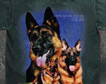 German Shepherd Pack Vintage Tee, 90s Distressed Streetwear, Trio Brothers Dog Design, Y2K Blue Tones Aesthetic, Retro Dog Lover Shirt