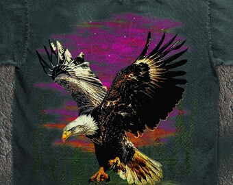 Vintage Eagle Sunset Tee, 90s Streetwear Distressed Graphic, Flying Hawk Retro Design, Y2K Grunge Aesthetic, Urban Wilderness Shirt