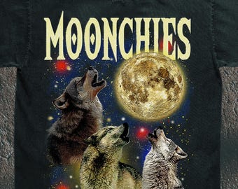 Vintage Wolf Pack T-Shirt - Funny 'Moonchies' Howling Meme Tee - 90s Grunge Streetwear - Night Owl Humor Apparel - TikTok Viral Wolf Shirt