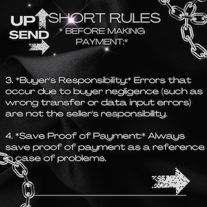 Pu&ograve; includere: Sfondo nero con testo bianco e dettagli a catena. Il testo include "UP SEND" con una freccia, "SHORT RULES * BEFORE MAKING PAYMENT: *", e dettagli sulla responsabilit&agrave; dell'acquirente. Include anche "Save Proof of Payment".