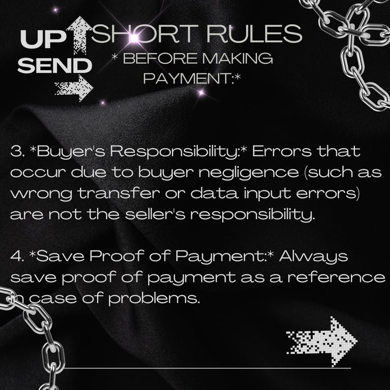 Pu&ograve; includere: Sfondo nero con testo bianco e dettagli a catena. Il testo include "UP SEND" con una freccia, "SHORT RULES * BEFORE MAKING PAYMENT: *", e dettagli sulla responsabilit&agrave; dell'acquirente. Include anche "Save Proof of Payment".