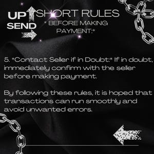 Pu&ograve; includere: Immagine con testo: "UP SEND SHORT RULES * BEFORE MAKING PAYMENT:* 5. *Contact Seller if in Doubt:* In caso di dubbio, conferma immediatamente con il venditore prima di effettuare il pagamento."