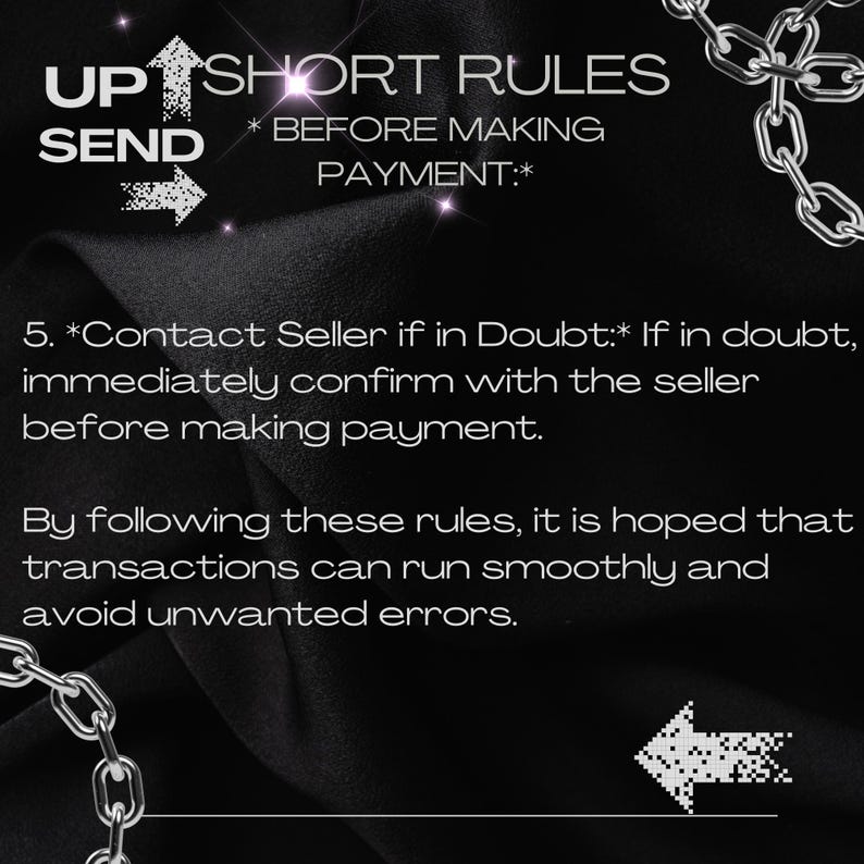 Pu&ograve; includere: Immagine con testo: "UP SEND SHORT RULES * BEFORE MAKING PAYMENT:* 5. *Contact Seller if in Doubt:* In caso di dubbio, conferma immediatamente con il venditore prima di effettuare il pagamento."