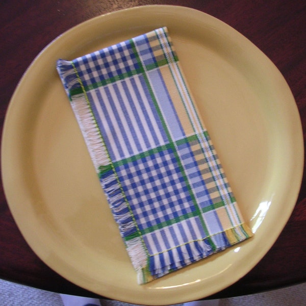 Decorator fabric dinner napkins yellow blue green white plaid