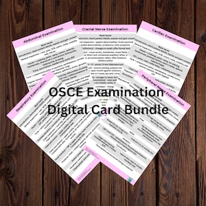 May include: A digital card bundle for OSCE examination, featuring cards with pink borders and white text. The cards cover topics like abdominal, cranial nerve, cardiac, respiratory, and peripheral nerve examinations. The cards are arranged on a wooden surface.