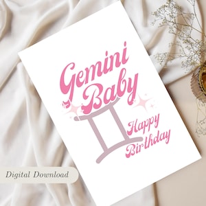 Cartão de aniversário de Gêmeos, download digital, cartão de aniversário moderno, cartão para impressão instantânea, impressão do signo do zodíaco em casa, cartão de aniversário rosa, maio e junho