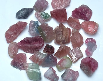 May include: A collection of raw tourmaline crystals in various shades of pink, red, green, and blue. The gemstones are irregularly shaped and vary in size, with some showing visible striations and natural textures. The crystals are scattered on a white surface.