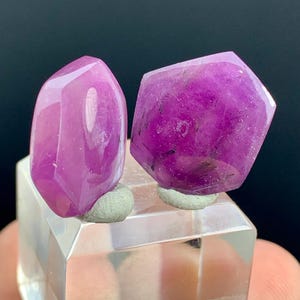 Può includere: Due esemplari minerali sfaccettati di colore magenta intenso. Uno è un prisma alto a sei lati, l'altro ha una forma esagonale più corta. Entrambi sono montati su piccole basi grigio chiaro, su uno sfondo scuro.