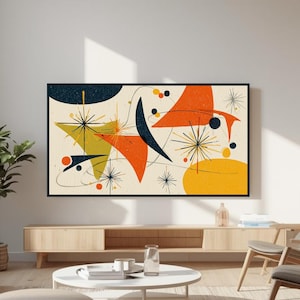 May include: A rectangular wall art print featuring an abstract composition on a cream background. The design includes orange, yellow, and dark blue geometric shapes, thin curved lines, and black starburst patterns with a textured, grainy finish.