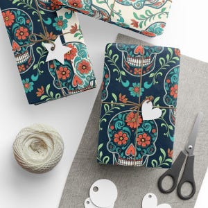 Floral Sugar Skull Wrapping Paper, Day of The Dead Paper, Decorative Gift Wrap, Dia de los Muertos, Patterned Wrapping Paper, Skull Paper