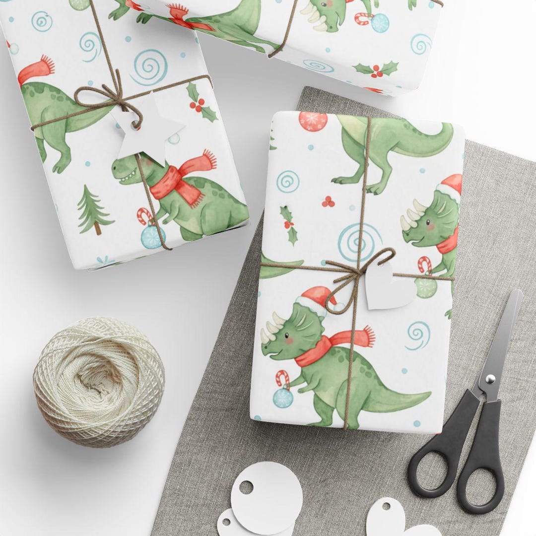 Christmas Dinosaur Wrapping Paper, Holiday Dino Gift Wrap, Cute