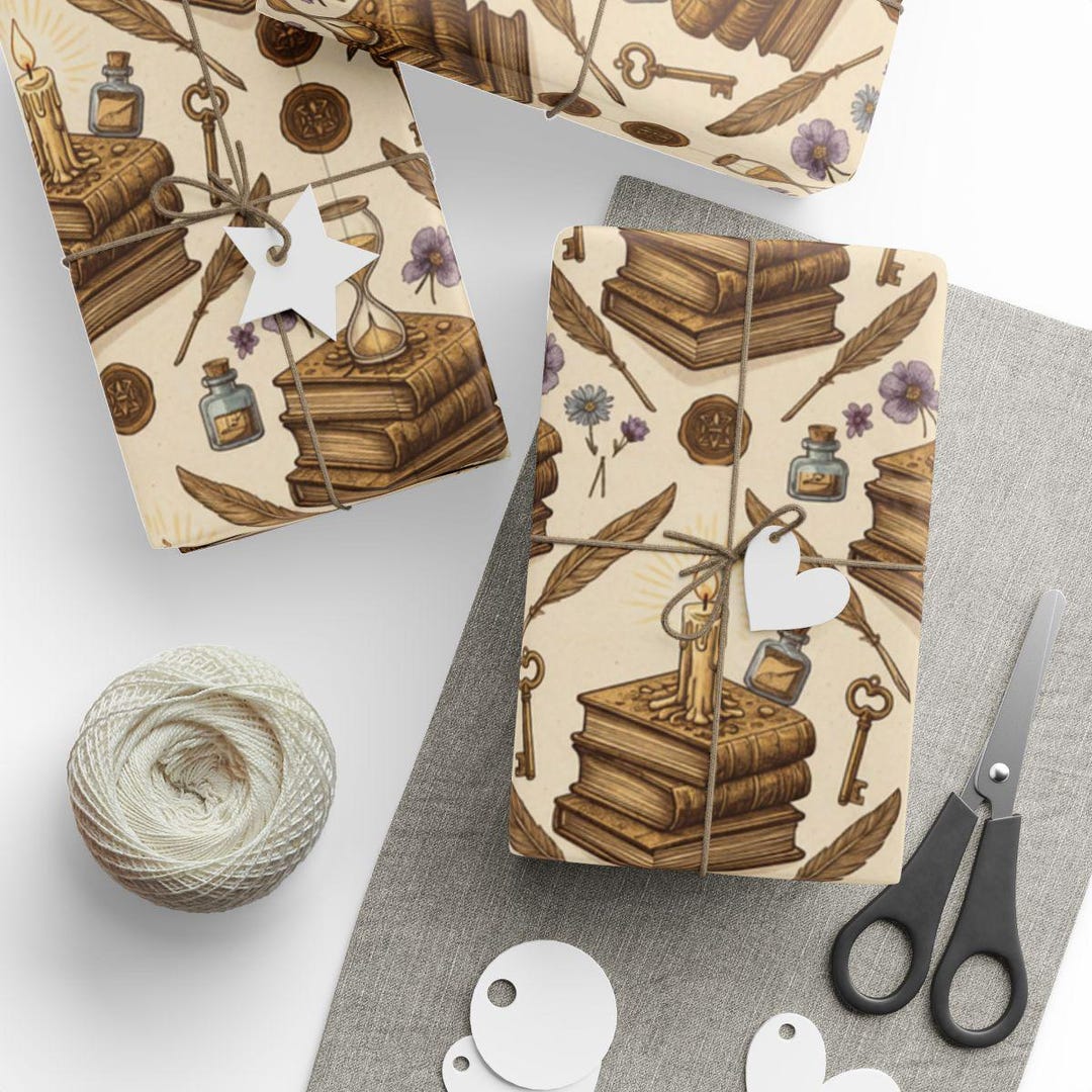 Magical Library Wrapping Paper, Vintage Books Pattern, Candle Quill ...