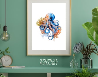 Arte mural de pulpo en acuarela: ilustración minimalista del océano, arte de vida marina costera, impresión marina vertical