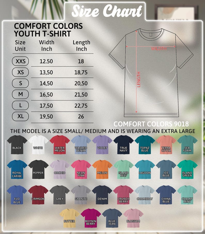 Pu&ograve; includere: Tabella delle taglie per t-shirt Comfort Colors per ragazzi. La tabella include le misure in pollici per le taglie XXS-XL. L'immagine mostra anche una variet&agrave; di colori di t-shirt, tra cui nero, bianco e varie tonalit&agrave; di blu, rosa e verde.