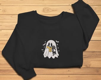 Gesticktes Halloween schwarze Katzen- und Geist-Sweatshirt, Halloween-Geist-Sweatshirt, gruseliges Saison-Geist- und Katzen-Sweatshirt
