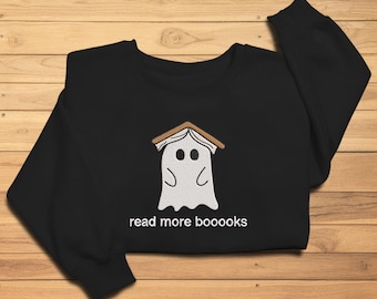 Embroidered Ghost Book Sweatshirt, Read More Booooks Sweatshirt, Fall Crewneck, Book Lover sweatshirt, Spooky Season Pullover, Ghost reading