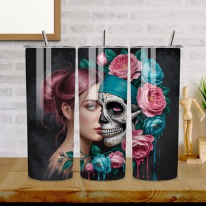 Floral Skull Tumbler PNG | 20oz Skinny Tumbler Wrap | Gothic Floral Sublimation Design | Digital Download