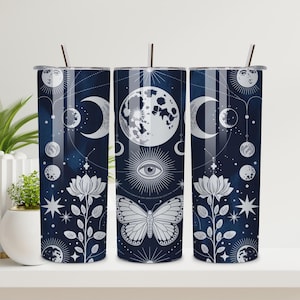 Mystical Moon Tumbler PNG | 20 oz Skinny Tumbler Wrap | Celestial Moon & Galaxy Sublimation Design | Digital Download